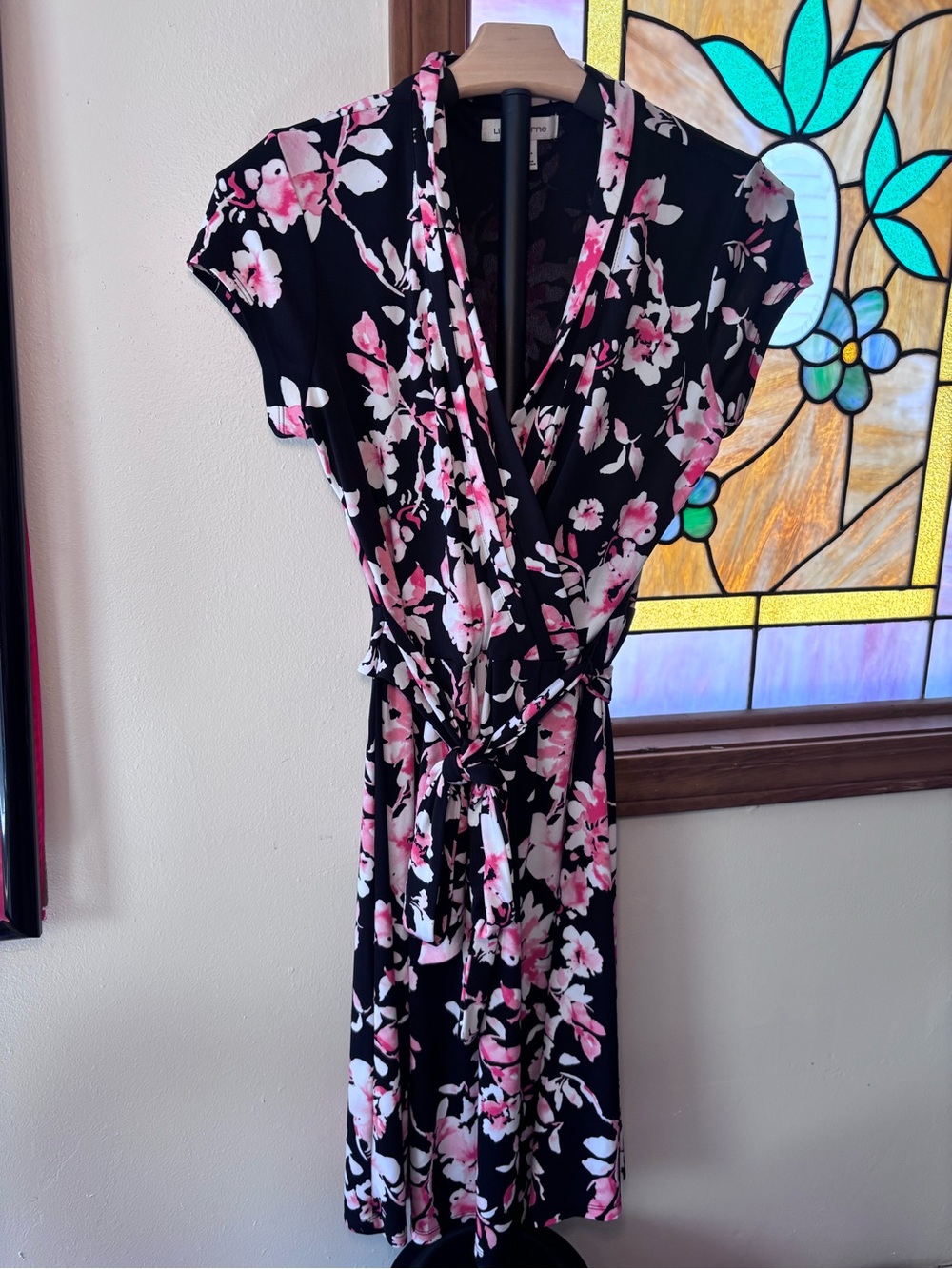 Liz Claiborne Black Floral Wrap Dress with Pink Blossoms